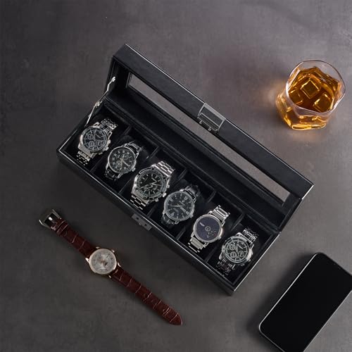 ProCase 6 Slot Watch Case Box for Men, PU leather Man Watch Organizer with Soft Pillow, Lockable Watch Collection Storage Holder with Glass Display Lid, Fathers Day Gift for Dad -AllBlack