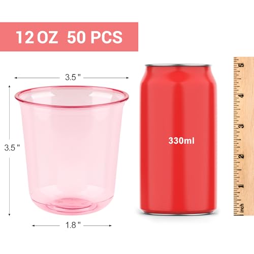 50 Pcs Pink Plastic Cups, 12oz Disposable Stemless Wine Glasses Pink Cocktail Party Cups for Graduation, Meeting, Wedding, Birthday Party