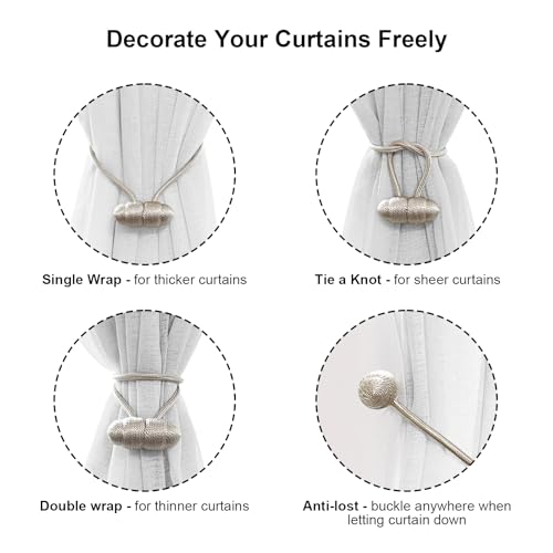 Tifanso Beige Magnetic Curtain Tiebacks - 4pcs Decorative Curtain Tie Backs, No Drill Closure Drapery Tiebacks Holdbacks, Boho Drapes Straps Ropes for Bedroom, Bathroom, Farmhouse Decor