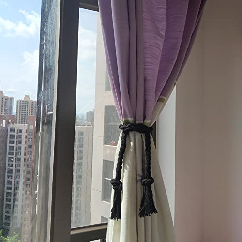4 Pack Curtain Ties, Outdoor Curtain Tiebacks Rope for Patio Gazebo Pergola Cabana, Natural Cotton Curtain Holders, Village Rural Rustic Farmhouse Curtain Holdbacks for Drapery, Black