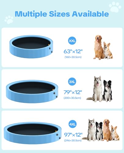 79'' Dog Pool with Sprinkler, Foldable Dog Pools for Large Dogs, 2-in-1 Non-Slip Swimming Pool for Dogs & Kids, Heavy Duty Hard Plastic Pet Bathing Tub for Outdoor Backyard, Blue
