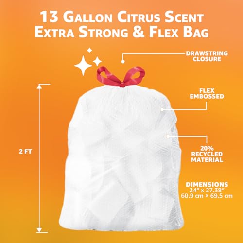 Basics Extra Strong & Flex Tall Kitchen Drawstring Trash Bags, Citrus Scent, 13 Gallon, 40 Count