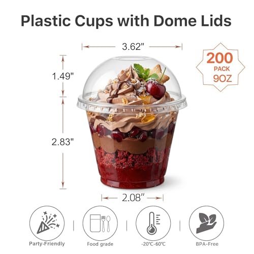 Lullaby 200Pack 9oz Clear Plastic Cups with Dome Lids, Dessert Cups with Lids, Disposable Parfait Cups, Party Cups Cupcake for Parties and Daily Use