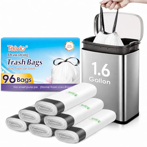 1.6 Gallon 96 Counts Small Drawstring Trash Bags by Teivio, Fit1.2,1.3,1.5 Gallon Bathroom Trash Can Bin Liners, 5-6 Liter Small Plastic Garbage Bags for home office kitchen, White
