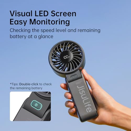JISULIFE Handheld Fan Life7 – Ultimate Flexibility: Wide & Strong Airflow, 19.5H Max Cooling, 5000mAh Rechargeable, 5-Speed, LED Display, 3 IN 1 Portable Fan for Travel, Concerts, Sports Events(Black)