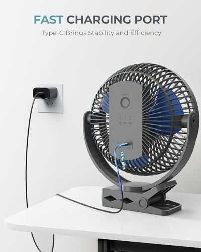 xasla 10000mAh Portable Rechargeable Clip on Fan, 8-inch Battery Operated, 4 Speeds, 24 Hours Work Time for Outdoor, Camping, Golf Cart, Home & Office Use (Blue)