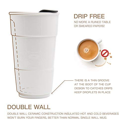 Ceramic Double Wall Insulated Travel Coffee Cup with Slider Lid, Silicone Sleeve & Built-In Coaster, 10 fl.oz (Coffee)