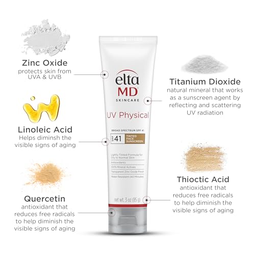 EltaMD UV Physical Tinted Sunscreen SPF for Face, 100% Mineral Active Sunscreen, Transparent Zinc Oxide Finish