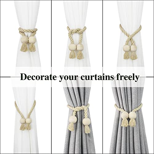 4 Pack Magnetic Curtain Tiebacks Cotton Hand Woven Tie Back Decorative Rope Holdbacks for Curtains Draperies No Tools Required, Dark Beige