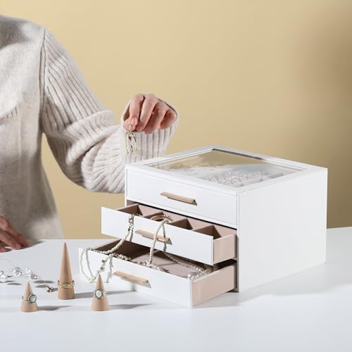 Frebeauty Clear Lid Jewelry Box,3-Layer Jewelry Organizer with Drawer,PU Leather Jewelry Organizers and Storage,Jewelry Boxes for Women,Jewelry Storage for Rings Earring Stud,Gift for Women(White)