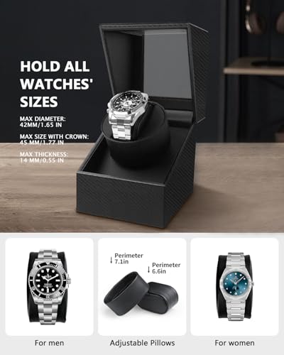 Watch Winder for Automatic Watches: Automatic Single Watch Winder Box with Japanese Quiet Motor, Rotating Watch Case in Black Carbon Fiber Leather, Gifts for Men & Collectors