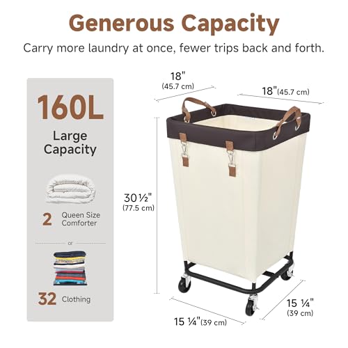 StorageWorks 160L Laundry Basket with Wheels, Large Rolling Hampers for Clothing Organizer, Dirty Clothes Basket for Hotel, Home, Closet, Dorm, Beige