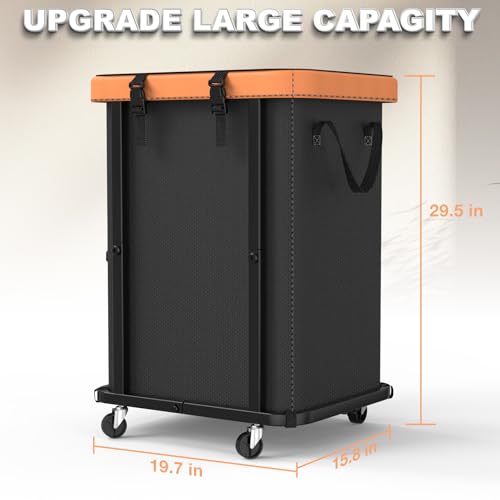 150L (40 Gal) Large Fashion Laundry Basket with Wheels, Leather Patchwork Rolling Hamper Carts, Sturdy Metal Frame, Removable Washable Bag, Tall Clothes Sorter for Bedroom, Laundry Room, Dorm - Black
