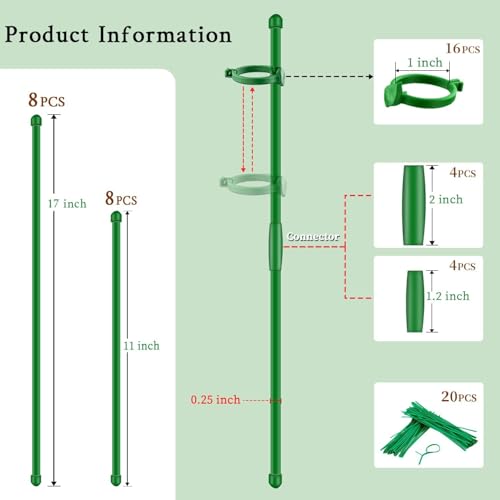 Plant Stakes 17inch &11inch SupKing Adjustable Length Plant Support Stake 16Pcs Orchid Stick with Clips for Indoor Outdoor,Garden Pole for Potted Tomato Amaryllis Vegetables Comes with 20 Ties (Green)