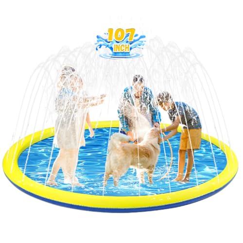 107 inch Extra Large Non-Slip Splash Pad Sprinkler for Kid and Dog, Kiddie Dog Pool, Kid Outdoor Toys for Ages 3-12 Boys Girls, Summer Outdoor Water Kids Toys, Parent Games, Backyard, Lawn