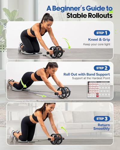 VINSGUIR Ab Roller Wheel for Beginners to Pros, Ab Roller with Adjustable & Detachable Resistance Band, Core Workout Equipment for Home Gym, Abdominal Wheel with Exercise Guide and Knee Pad, Men Women