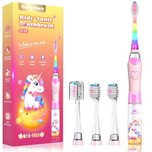 Kids Electric Toothbrush Toddler Toothbrush Age 2-4-8-12 Electric Toothbrush Kids with Timer Rainbow LED Light Up Vibrating Toothbrush Battery Operated Childrens Girls Sonic Tooth Brush (Pink Unicorn)