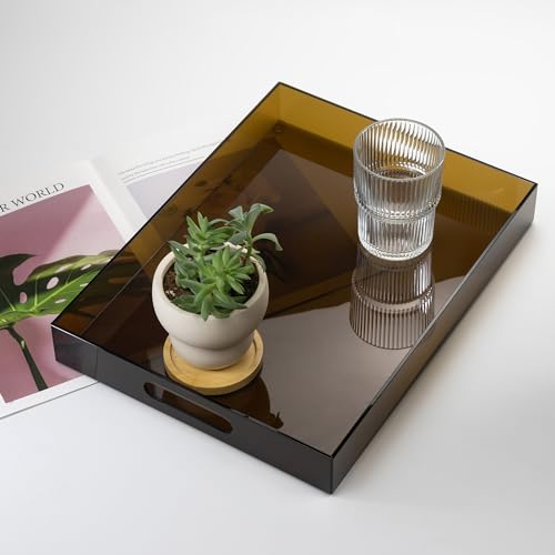 ATZYmolin 16"x12" Large Acrylic Serving Tray Decorative Ottoman Coffee Table Vanity Tray Tea Fruit Platter Snack Appetizer Dessert Drink with Handles for Bar Kitchen Party, Amber