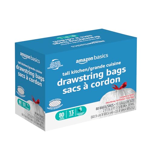 Basics Ultra-Force Tall Kitchen Drawstring Trash Bags, Classic Clean Scented, 13 Gallon, 80 Count with Odor Control