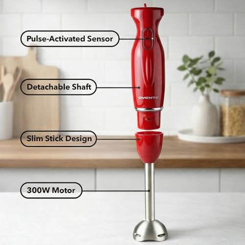 OVENTE Immersion Hand Blender, 300W Corded Electric Handheld Stick Mixer with 2 Mixing Speeds and Stainless Steel Blades for Smoothies, Purees & Baby Food, Red HS560R