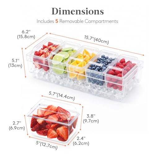 Lifewit Chilled Condiment Containers with Lids, Plastic Taco Bar Serving Set for Party with 5 Containers, Ice Garnish Tray for Mimosa Bar Supplies, Clear Serving Platter for Fruit, Salad, Snack