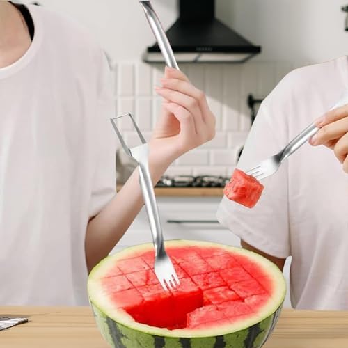 Watermelon Cutter, 2-in-1 Stainless Steel Fruit Cutter, Dual Head Watermelon Fork Slicer Tool, Summer Fruit Cutting Kitchen Gadget for Home (2PCS)
