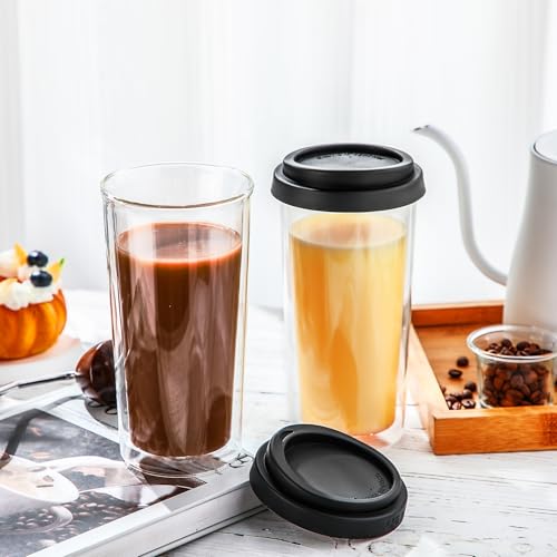 Honeydak 2 Pack 16 oz Double Walled Glass Coffee Mugs with Silicone Lids Clear Insulated Glass Travel Cups Reusable Hot and Iced Coffee Tumblers for Travel Home Office