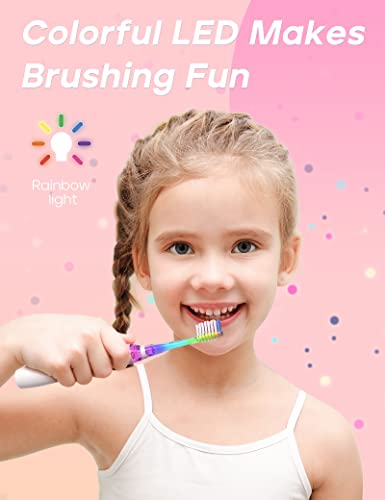 SEAGO Kids Electric Toothbrush with 2 Mins Brushing Timer and 4 Replacement Brush Heads, Rainbow LED Light Makes Brushing Fun, Boys Battery Powered Toothbrush for 4-12 Years Old,SG-977(Pink)