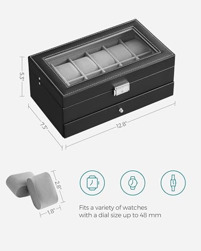 SONGMICS Watch Box, 12-Slot Watch Case Organizer with Large Glass Lid, 2 Layers, Removable Pillows, Metal Lock, Gift for Loved Ones, Black Synthetic Leather, Gray Lining UJWB012