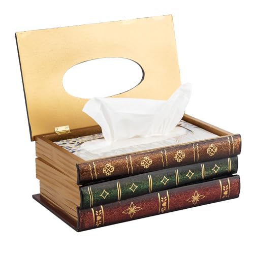 Crafted Classical Retro Wooden Antique Book Tissue Box Cover Rectangular Tissue Holder Dispenser Paper Cover Case Napkin Holder Home Decor for Bathroom Living Room Office car Kitchen
