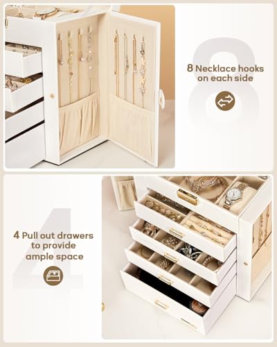 Homde Synthetic Leather Huge Jewelry Box Mirrored Watch Organizer Necklace Ring Earring Storage Lockable Gift Case (White + Gold)
