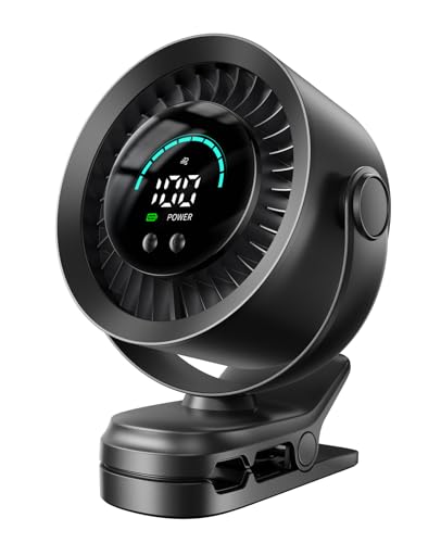KIMMOO Portable Clip on Fan, 100-Speed Rechargeable USB Fan with LED Display, 360° Rotation & Strong Airflow Desk Fan, Up to 17 Hours Small Battery Fan for Outdoor Travel Camping Treadmill Car (Black)