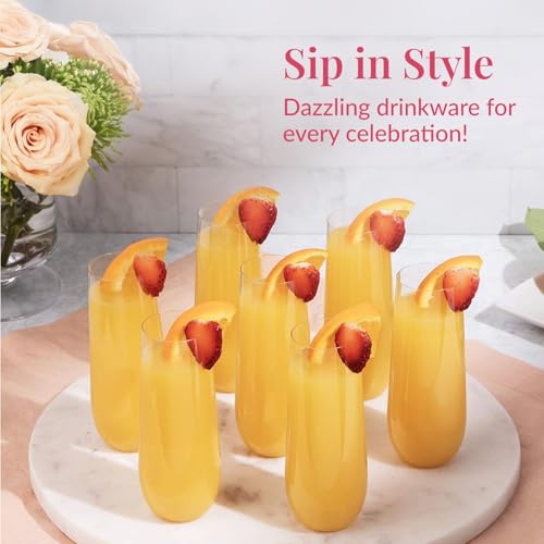 Prestee 24 Plastic Champagne Flutes - 9oz Heavy Duty Stemless Champagne Glasses for Parties - Disposable Clear Plastic Toasting Glasses, Mimosa Glass for New Year’s Eve Party Supplies