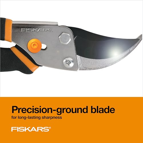 Fiskars Bypass Pruning Shears, 5/8" Cut Capacity Gardening Scissors, Self-Cleaning Sap Groove Prevents Sticking, Non-Slip Grip for Cutting Stems & Branches, Sharp Steel Blades w/ Low-Friction Coating