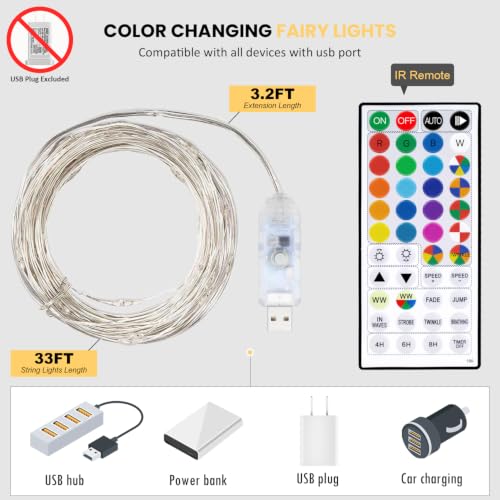 Fairy Lights USB Plug in 33ft 100LEDs with Remote, Warm White 20 Color Changing Light Twinkle Firefly String Lights for Bedroom Party Wedding