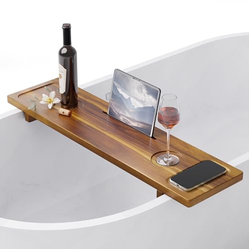 Bathtub Tray, Acacia Bath Tray for Tub, 34.6''x9'' Wooden Bathtub Caddy Tray with Adjustable Legs Fit Various Bathtubs, Anti-Tipping, Sustainable Bath Table with Wine Glass and Tablet Holder