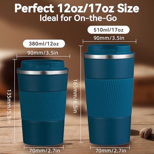 12OZ Travel Coffee Mug Insulated Coffee Cup with Spill Leak Proof Lid, Portable Stainless Steel Tumbler Reusable Hot and Cold Water Mug for Car, Daily, Camping- Blue