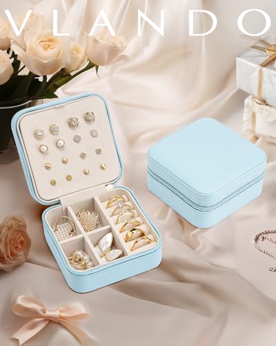 VLANDO Travel Jewelry Case, Bridesmaid Gift for Women - Small Travel Jewelry Box for Girls Women - Blue