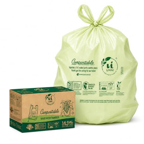 UNNI 1.6 Gallon Compostable Trash Bags with Tie Handles, 50 Count Small Food Scrap Kitchen Compost Bags for Countertop Bin, Certified by BPI, CMA & OK compost HOME, Meets ASTM D6400