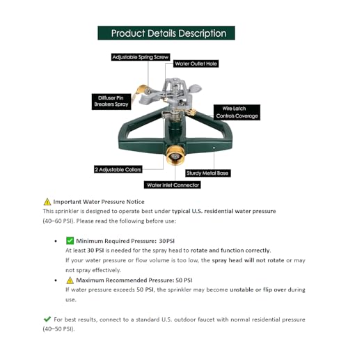 WEMADE Heavy Duty Metal Pulsating Sprinklers for Yard - 360 Degree Roating Automatic Water Sprinkler for Lawn with Metal Base, Impact Sprinklers for Large Area Covers Up to 85‘ Diameter