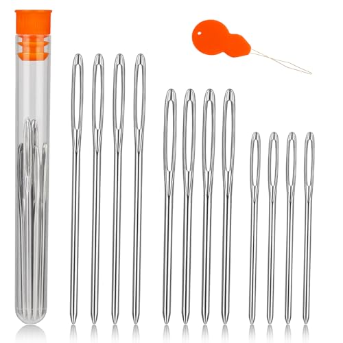 TLKKUE 12 Pcs/3 Sizes Large-Eye Blunt Needles, Steel Yarn Needle with Needle Threader, Tapestry Needle for Sewing Crochet Knitting Embroidery (Silver 2.08in/2.36in/2.76in)