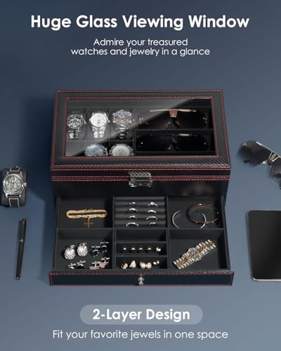 Kukikan Watch Jewelry Box Organizer, 6-Slot 2-Layer Watch Case and Sunglasses Storage with Large Glass Lid, Men's Jewelry Box with Lock, Watch Holder Display Case, Fathers Day Gift for Dad
