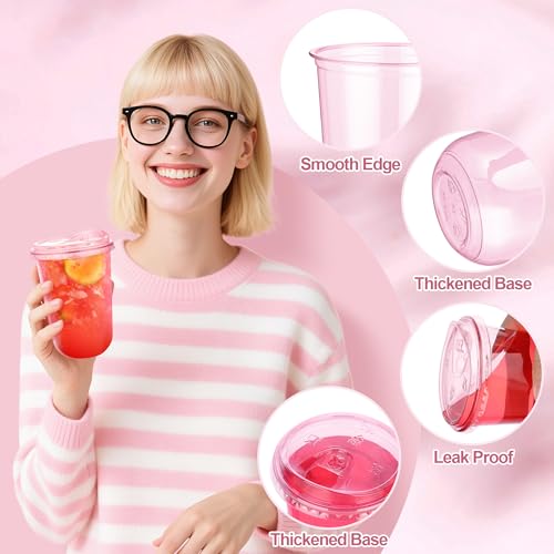 KesaPlan 50 Pack 16 oz Pink Plastic Party Cups with Sip Lids, Disposable Iced Coffee Cup with Lid, Round Bottom Stemless Glasses Drinking Cups for Valentine's Galentine's Bachelorette Party Holiday