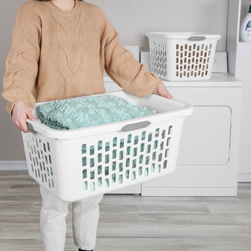 Sterilite Laundry Basket, Plastic Clothes Hamper, Large Rectangle Bin with Comfort Grip Handles and Reinforced Rim, 2 Bushel Capacity, White, 6 Pack