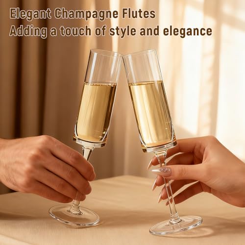 GuanQiao 24-Pack Plastic Champagne Flutes, 6oz Clear Square Disposable Toast Glasses, Heavy Duty Shatterproof Recyclable Wine Glasses for Party Wine Tasting Wedding New Years Eve Party Supplies