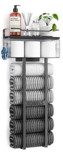 Towel Racks for Bathroom 31inch Wall Mounted Towel Rack,Floating Shelf with Wood Plank,Towel Storage for Bathroom can Holds 6 Large Rolled Towels,All Black
