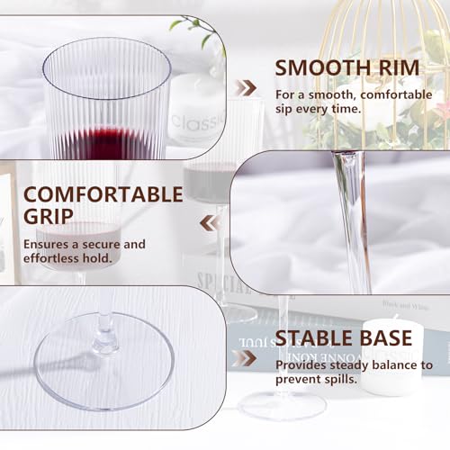 YOUBET 24 Pack Plastic Ribbed Wine Glasses - 10 OZ Clear Square Wine Glasses with Stem - Heavy Duty Vintage Disposable Champagne Cups for Wedding Parties