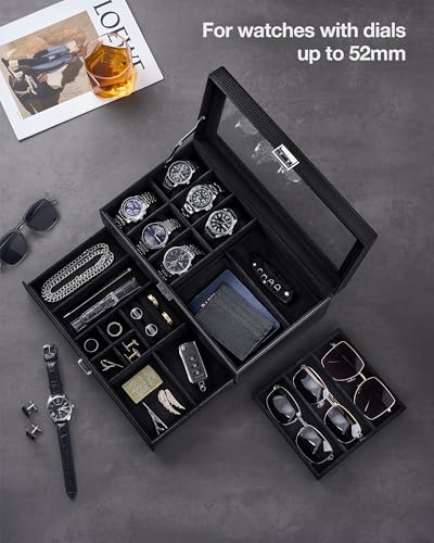 ProCase Mens Jewelry Box, Lockable 6 Slot Watch Case & 3 Slot Sunglasses Organizer, 2-layer Mens Jewelry Organizer Watch Box for Men, Watches Holder Display Storage, Fathers Day Gift -AllBlack
