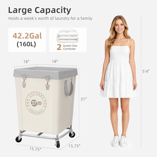 STORAGE MANIAC Commercial Laundry Hamper with Heavy Duty Steel Frame, 160 L Industrial Laundry Basket Cart with Wheels for Hotel, Home, Laundry Room, 18''L x 18''W x 31''H, Medium Beige