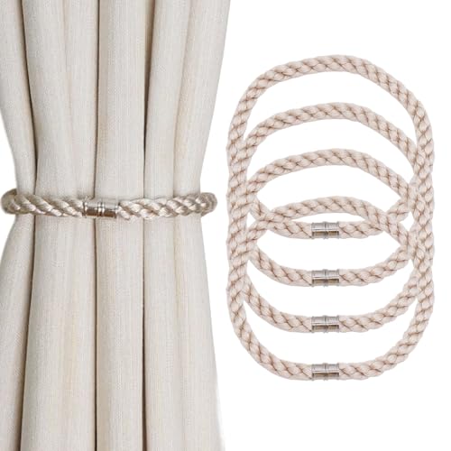 Magnetic Curtain Tiebacks, 4pcs Modern Handmade Rope Curtain Tie Backs Decorative Curtain Holdbacks Holders Cord for Window Sheer Drapes Indoor Outdoor, Beige